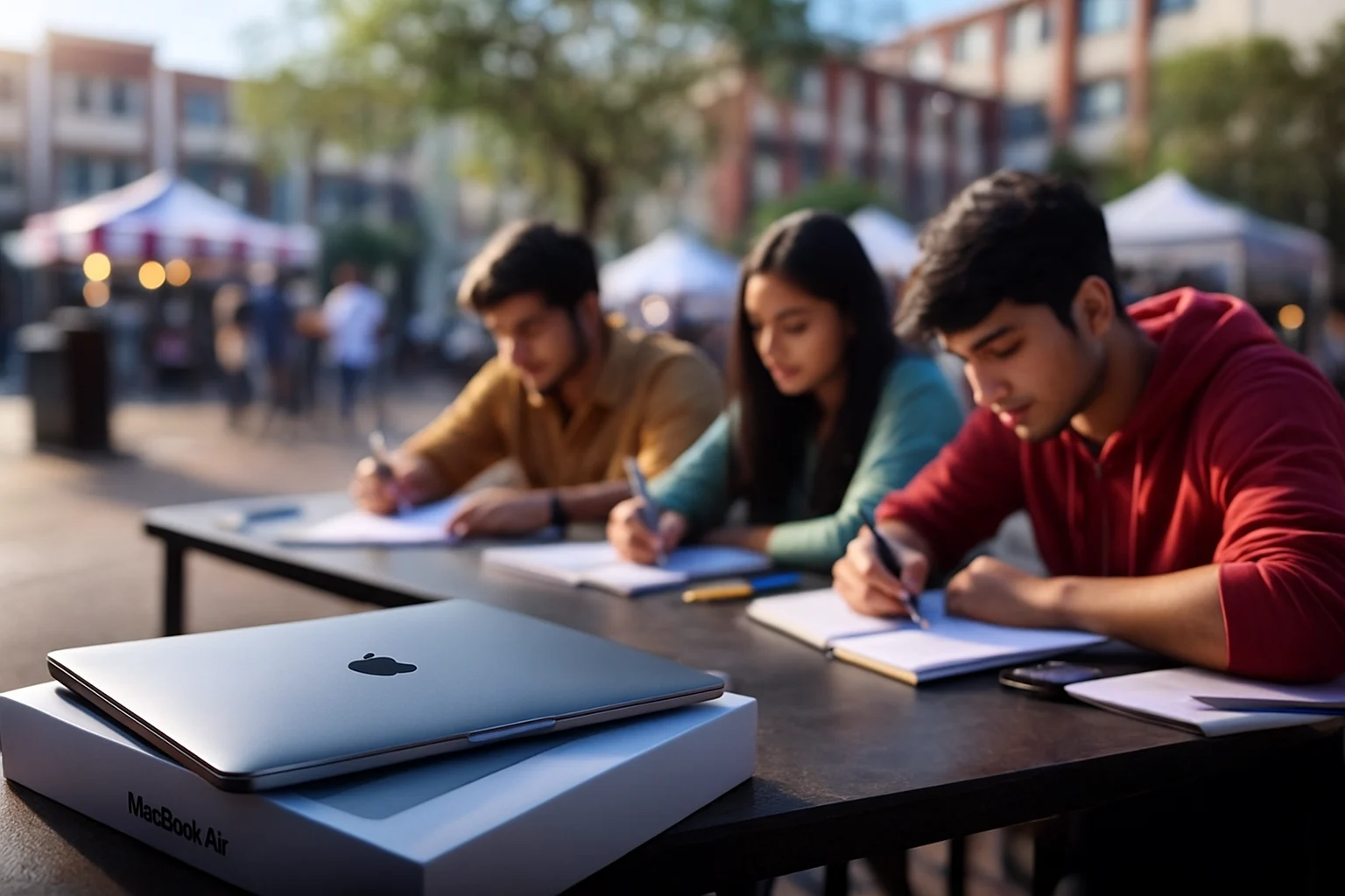 Group of happy college students celebrating together outdoors with a MacBook Air M4, representing the TechSprout IT Talent Challenge 2025.